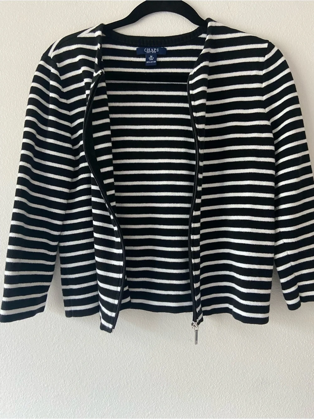 CHAPS Black White Striped Zip Front Cardigan Sweater Medium 100% Cotton